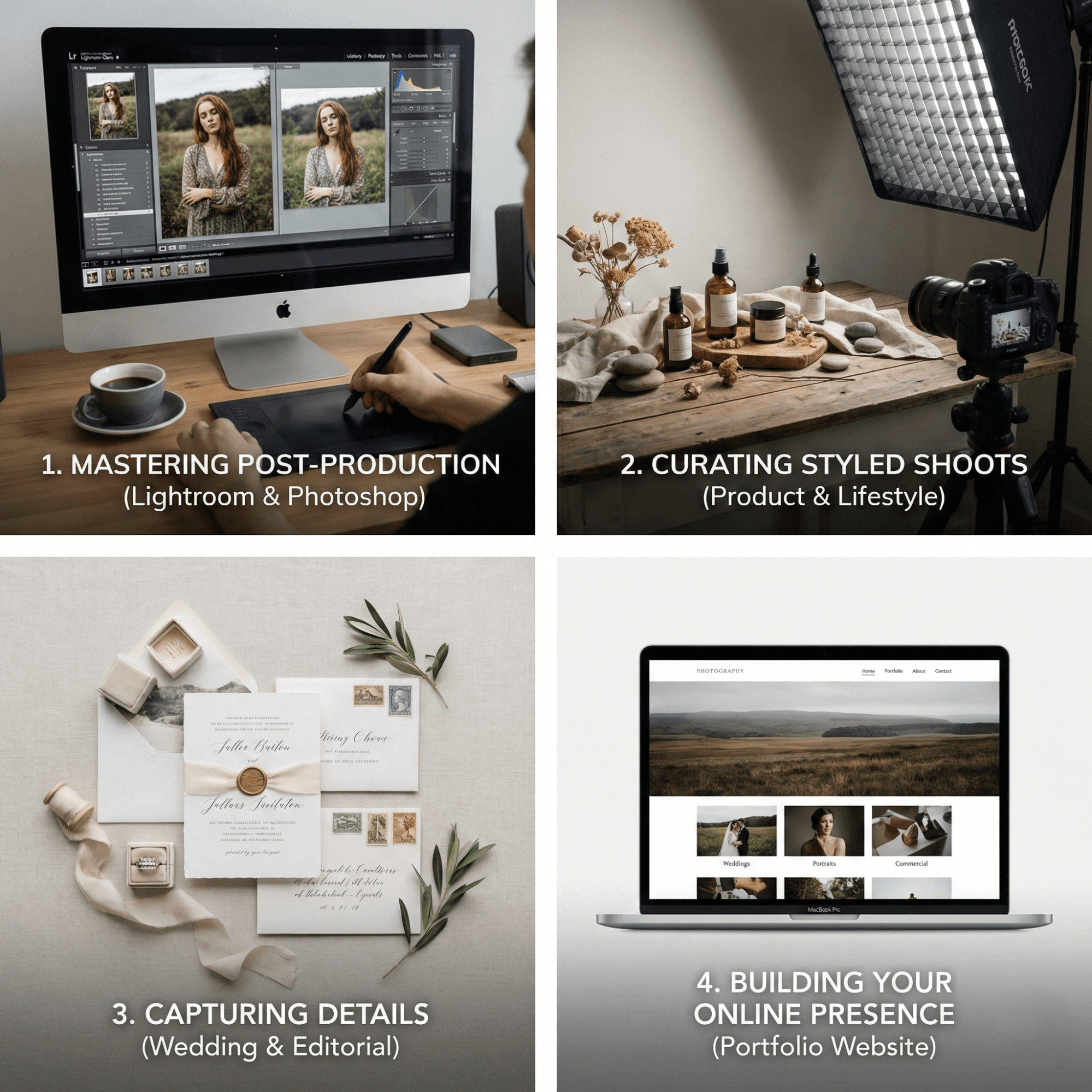 Photographer editing images, styled product shoot, wedding flat lay, and professional portfolio website display.